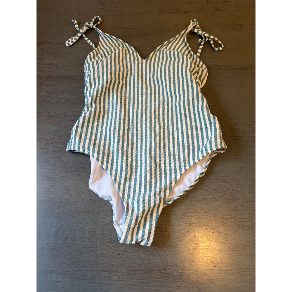 Jessica Simpson Teal Striped Seersucker One Piece Swimsuit Medium Tie Strap